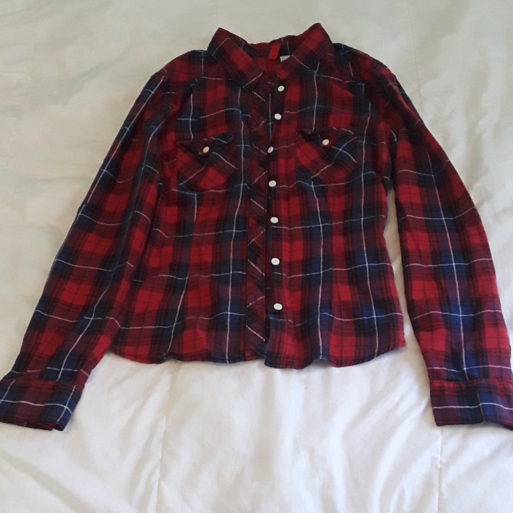 Red White and Blue Plaid Button Down Flannel Shirt